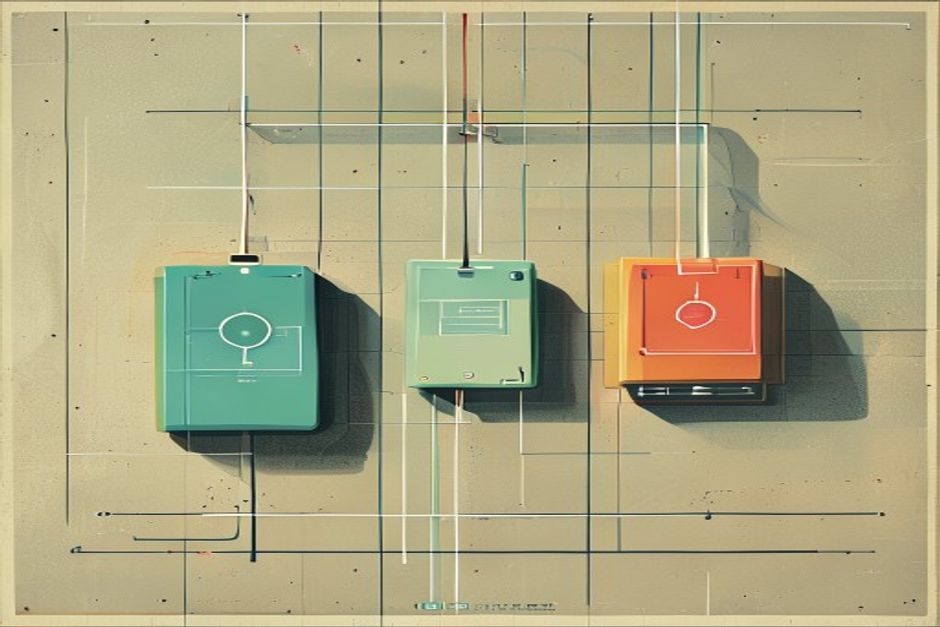 Three standardized surfaces snapping into a shared protocol grid — a keyed connector, a portable folder, and a self-healing node graph — over a cool steel field