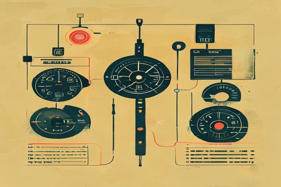 Three instruments wiring into a single agent silhouette — a dashboard gauge measuring output, an ID badge scanner reading identity, and a ledger tallying displaced software spend