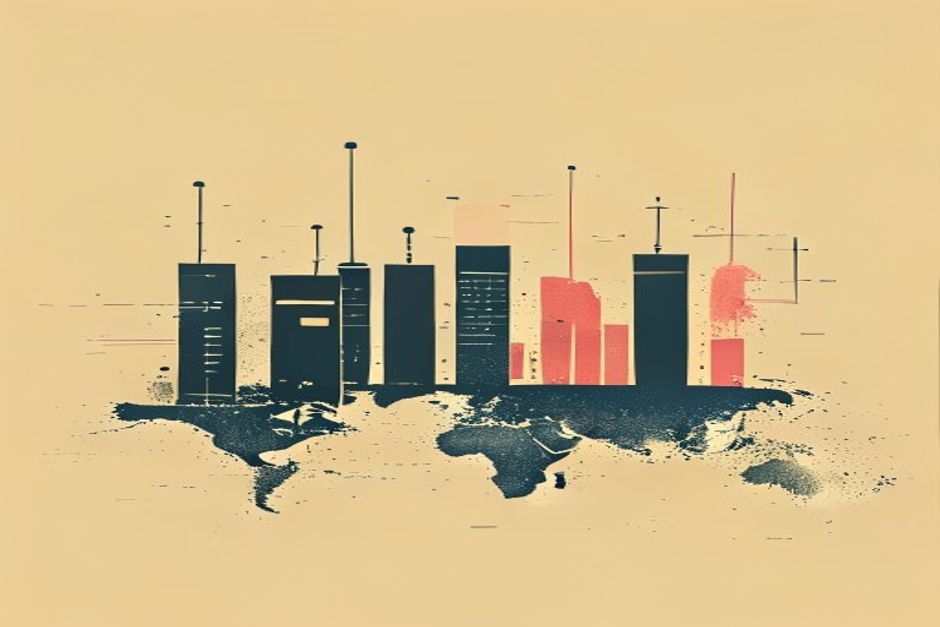 Five signal bars of different heights over a world map, one bar a falling price tag, one a struck-through persona mask, one a rising valuation curve