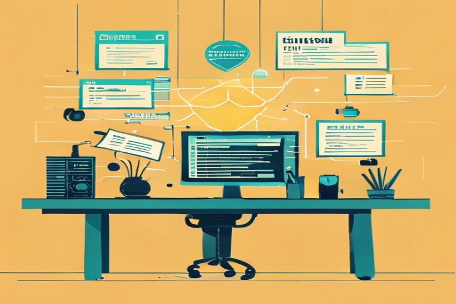 Six developer tools on a workbench lighting up in sequence — a linter dial jumping from 59 to 413, a database query collapsing two pipes into one, a shield closing over a signed token