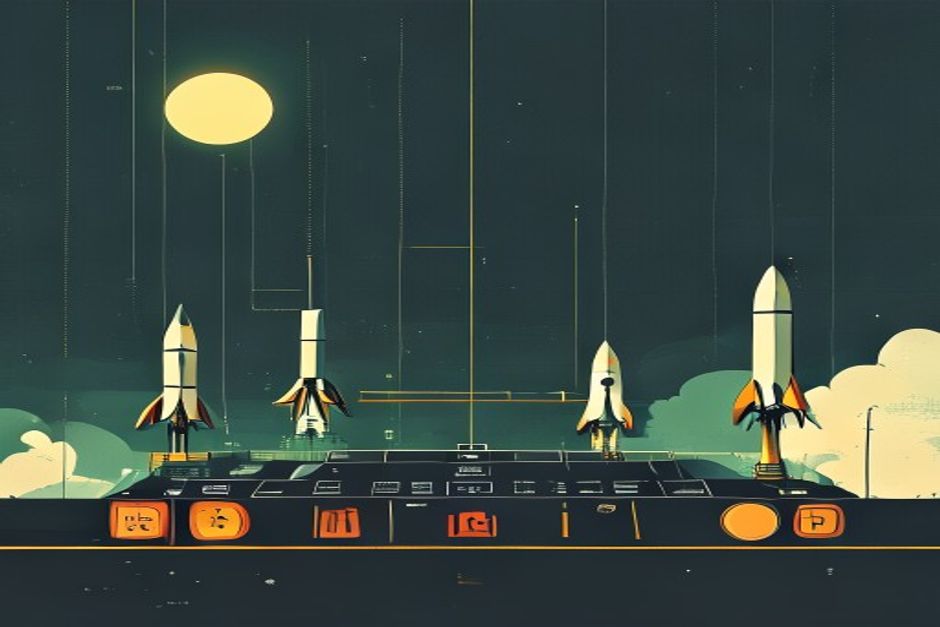 A launch gantry the moment before ignition, one date lit green on a dark countdown board, four small rockets already fueled on the pad, monospace numerals, stark grid