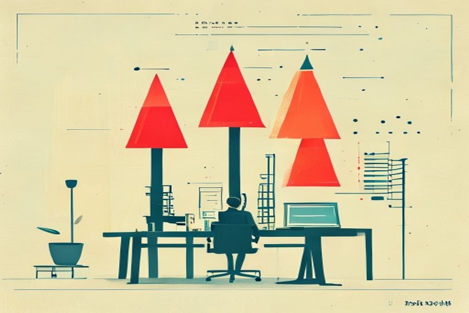 Four signal flares over a founder's small desk — a price tag that stays flat while a capability curve doubles, a giant open-weight file finishing its download, a protocol standard clicking into a locked position, and a distant power plant wired to a chip vendor