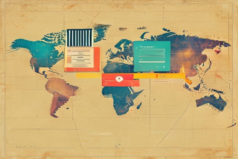 A protocol handshake being deleted and locked with a padlock, three open-weight model files of different sizes fanning out, and a falling price bar, arranged as four signal panels across a world map