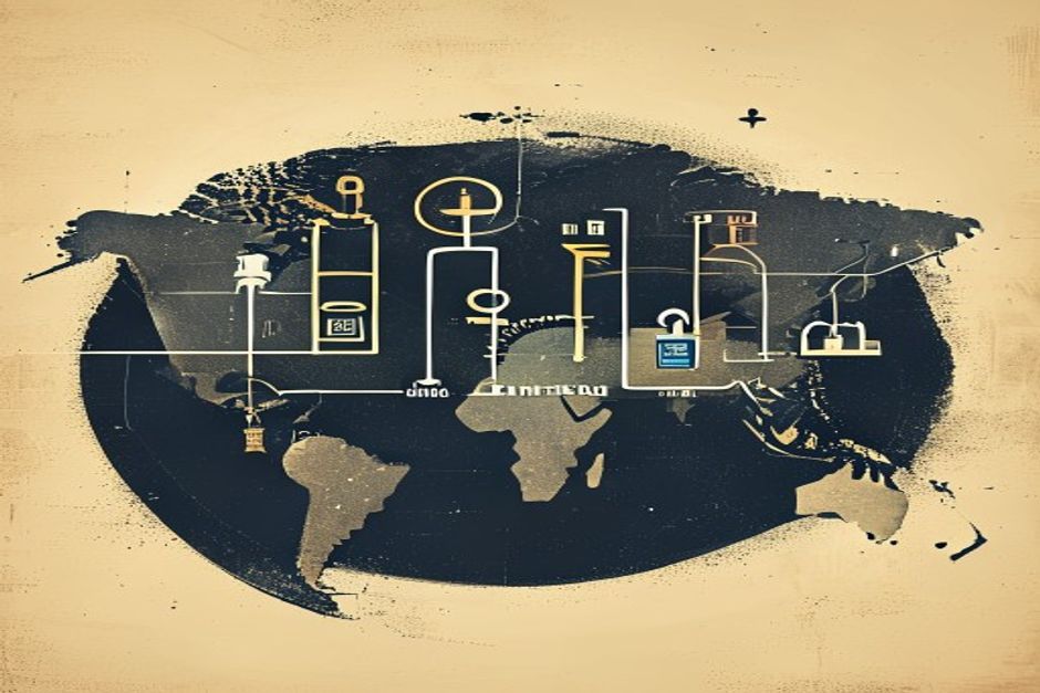 Five signal bars over a dark world map — one a protocol handshake dissolving into loose packets, one a struck EU stars ring turning to a countdown, one a chip rising past a GPU silhouette, two open padlocks over model weights