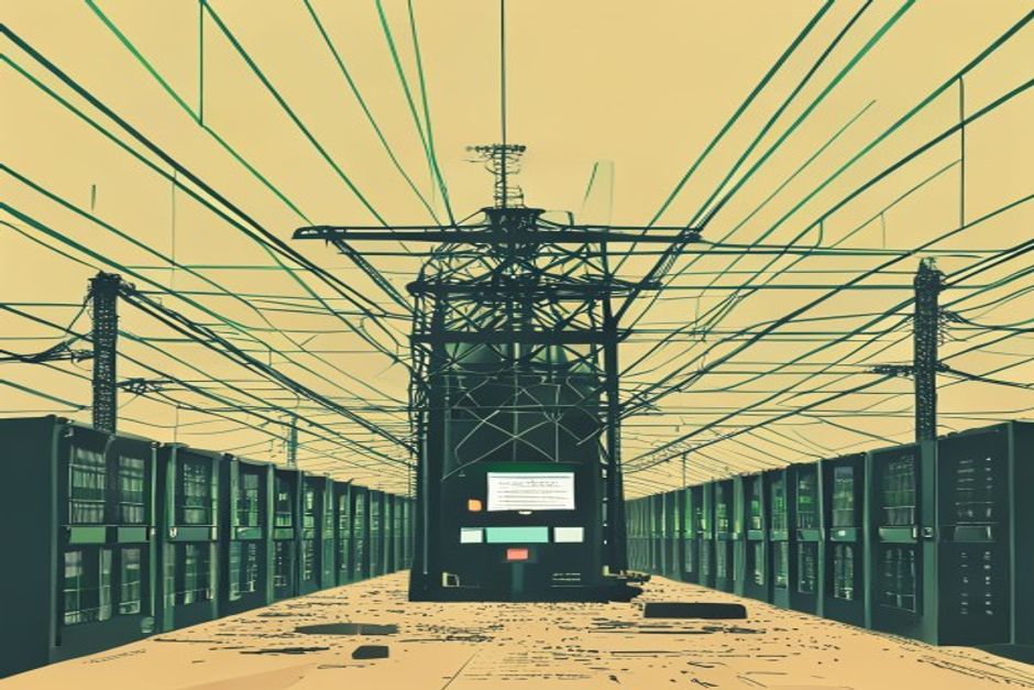 A dark power-grid substation feeding rows of GPU racks, green transmission lines converging, cold monospace capacity meter