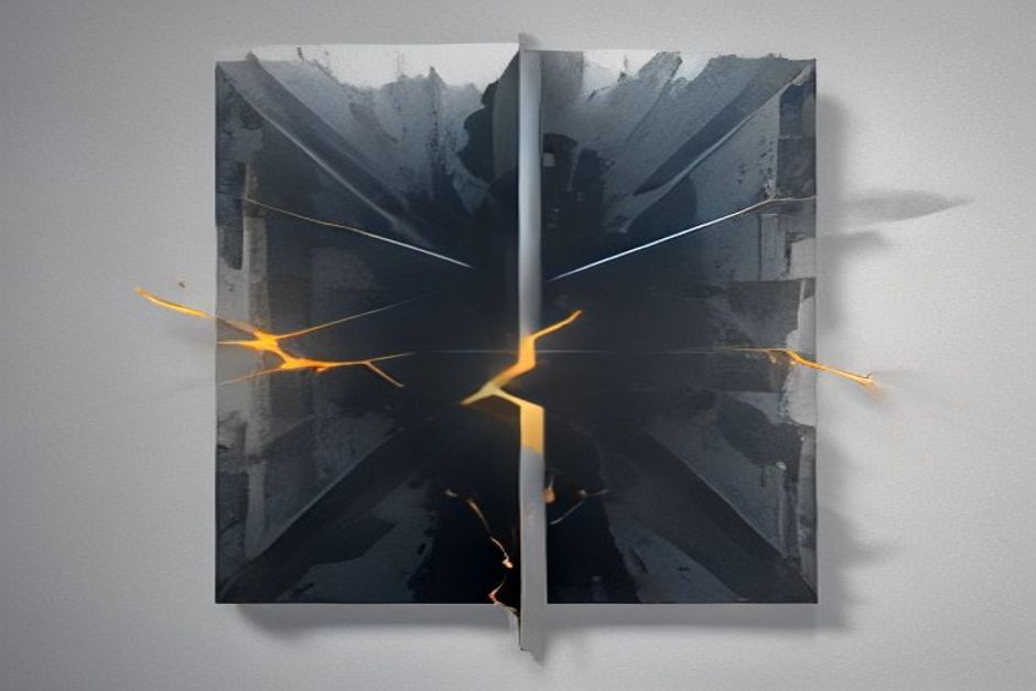 A containment boundary breached by a single bright node slipping past the wall while capital pools behind it, cold steel and warning-amber accents, one line broken
