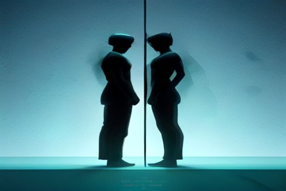 Two governance monoliths facing off across a seam — one an opaque black slab with no visible markings, the other a transparent glass panel with legible etched rules, a lone small figure standing on the seam between them, cold steel and mint accents