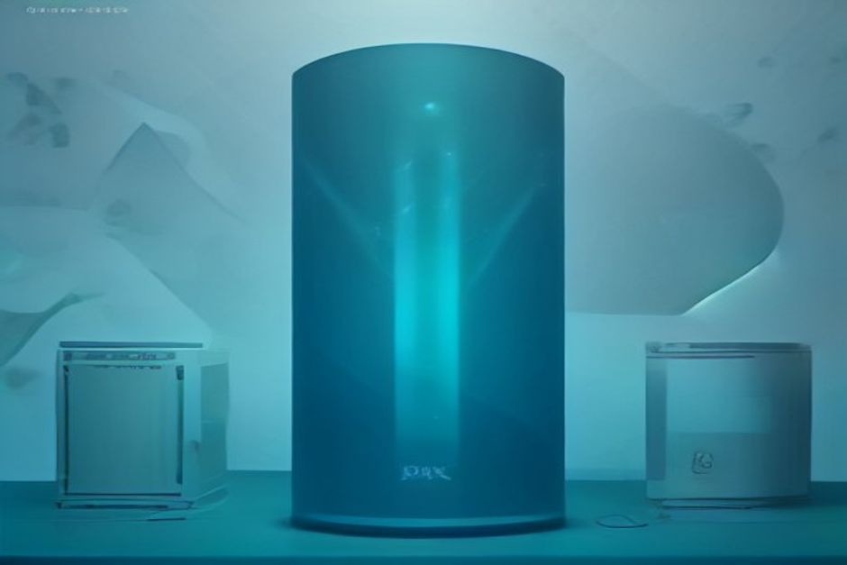 Three signal beams over a single small founder's desk — a tall blue capital beam stamped with a rising valuation and an exchange bell, a vast crowd-beam resolving into a single glowing assistant icon labeled with a billion, and a green open-weight beam of an oversized model folding down small enough to sit on the desk — cool charcoal and green with one blue accent