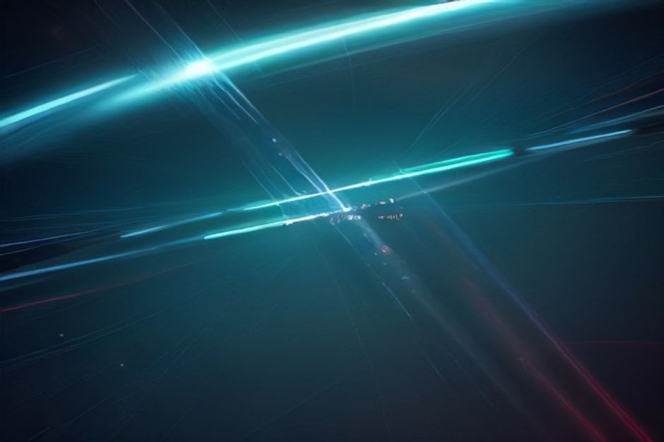 Three accelerating light-trails converging on a single small founder's terminal — a blue streak clocked at a blur of tokens per second, a green price tag being sliced clean in half, and a red open-weights padlock springing open over a rising bar chart — cool charcoal background with green identity and one blue and one red accent