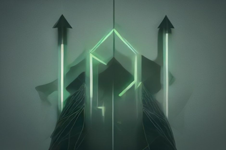 Two price arrows crossing over a small founder's terminal — one green arrow slicing downward (a Flash price halving), one red arrow spiking upward (an API hike taking effect), forming an X over a charcoal background with green identity and one red and one blue accent