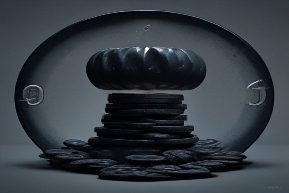 A barbell over a dark charcoal field — one heavy weight a glowing foundry stamping small code-chips, the other a towering stack of coins labeled with an exchange bell, and the thin bar between them dissolving into a stream of tiny free download arrows; green news identity with one amber accent, no text or logos