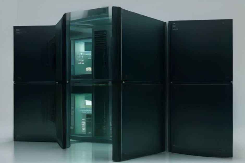 Three vertical panels in one dark control room: a left panel of a sealed data vault with a green lock (privacy), a center panel showing a report card stamped 'C+' over five faint lab logos (safety grading), and a right panel of a silicon wafer being locked into a larger circuit by a padlocked bracket (vertical integration); charcoal background, green news identity with one amber and one blue accent