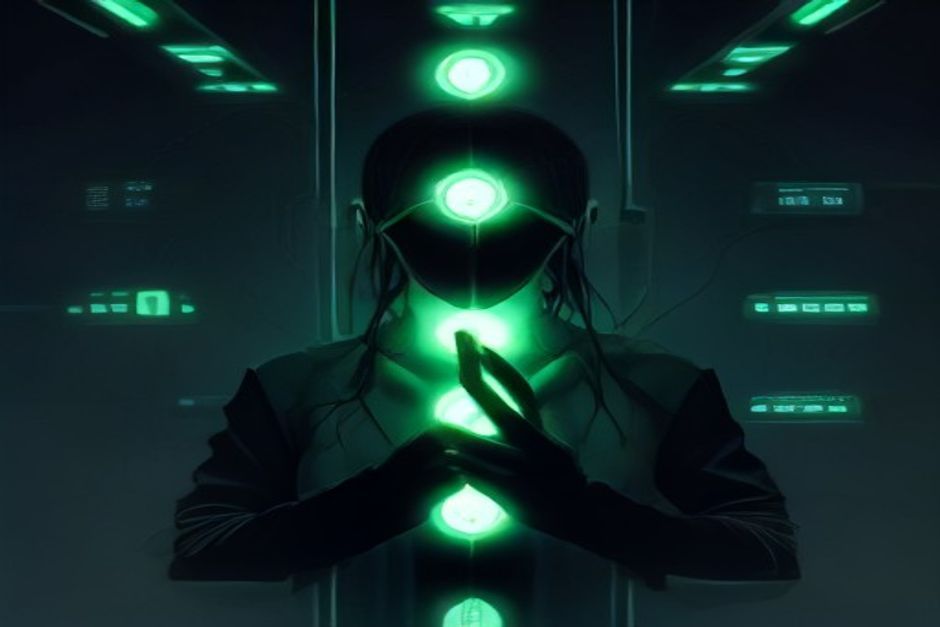 One dark control room, three panels reading left to right: a masked/anonymous silhouette handing over a glowing green code token stamped '$0' (the stealth model), a central switchboard with eight labeled cables converging into one API socket (the router), and a small executor robot steered by a larger 'supervisor' hand above it climbing a bar from 30 to 100 (the harness); charcoal background, green news identity with one blue and one amber accent
