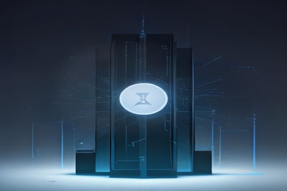 A bright vertical gate or firewall line standing between a cluster of small agent nodes on one side and a field of plug-shaped tool icons on the other, with one tool icon flagged and blocked at the gate; a large dim data-center block anchoring the base