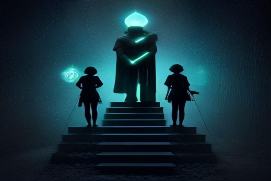 Three ascending markers on a dark charcoal field reading as one rising staircase — a small bell/IPO marker, a layered silicon chip, and a ringed shield around a tiny agent glyph — connected by a single thin green line climbing left to right; green news identity, no text, no logos