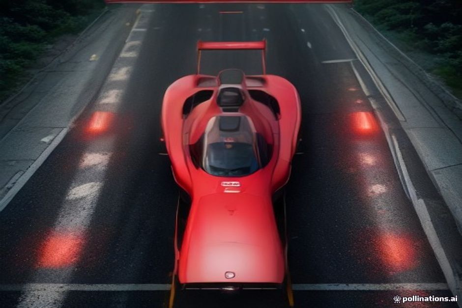 A single racing car mid-track with its brake lights flaring red, seen from above, while the road under it splits into two diverging lanes: one lane dimming with falling chip-shaped mile markers, the other brightening with rising shield icons; a small founder's desk sits at the fork choosing a lane; cool charcoal background, green news identity accent, one warm red accent on the brake lights and the falling lane, IBM Plex Mono numerals on small percentage figures beside each lane