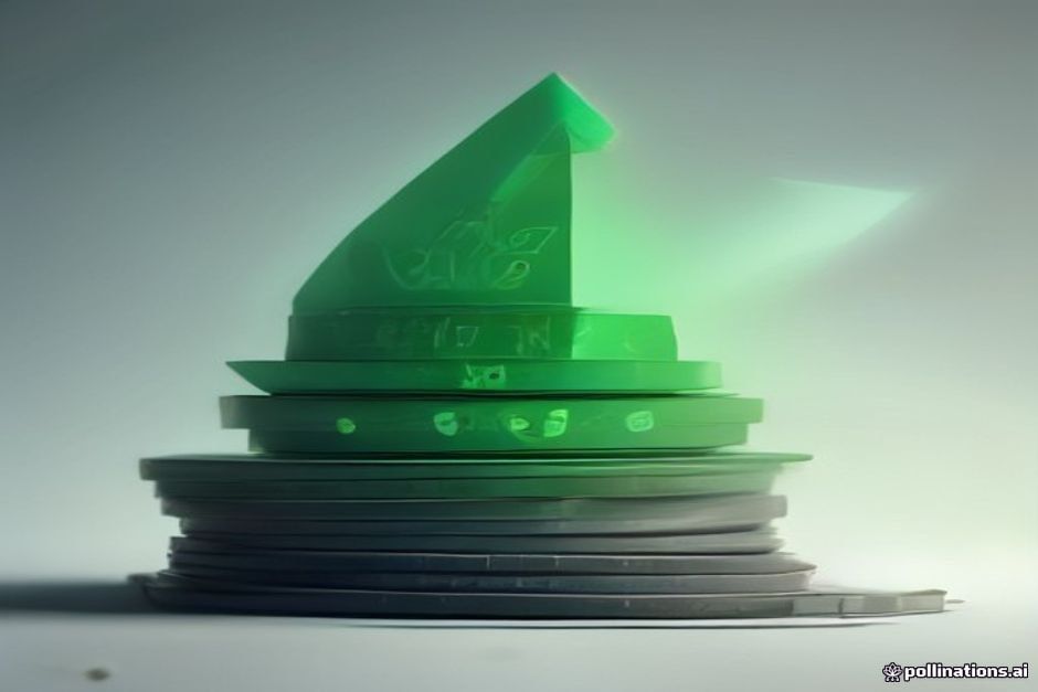 Three stacked horizontal bands over a solo founder's small desk, read top to bottom as one falling-price story: top band a large glowing model core with a downward green price arrow and a stack of coins shrinking beside it (frontier capability getting cheaper); middle band a factory silhouette extruding identical small code-blocks on a conveyor toward enterprise-tower shapes, one lone founder figure at the controls rather than on the line (coding industrialized); bottom band a dense scatter of many small model tiles funneling through a single green router node into one clean output pipe (choice becoming a routing problem); charcoal background, green news identity, one amber accent per band, IBM Plex Mono numerals on 40%, $5B, 20+