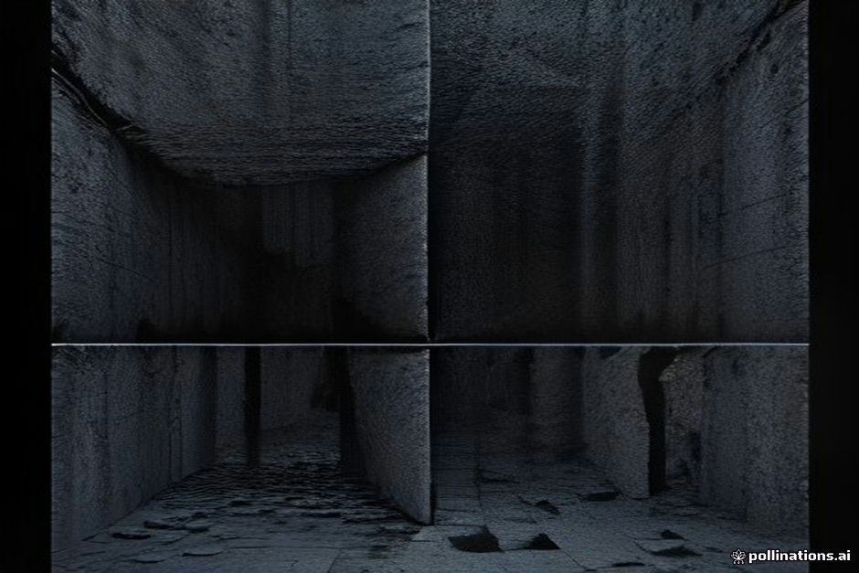 A dark charcoal field split by a thin vertical seam into two panels; left panel a toppled stack of blocks collapsing past a faint dollar glyph, right panel a neat row of identical small blocks each clipped flat at the same low line by a single green rule; between them one amber clock hand sweeps across both; no logos, no faces, IBM Plex Mono labels only