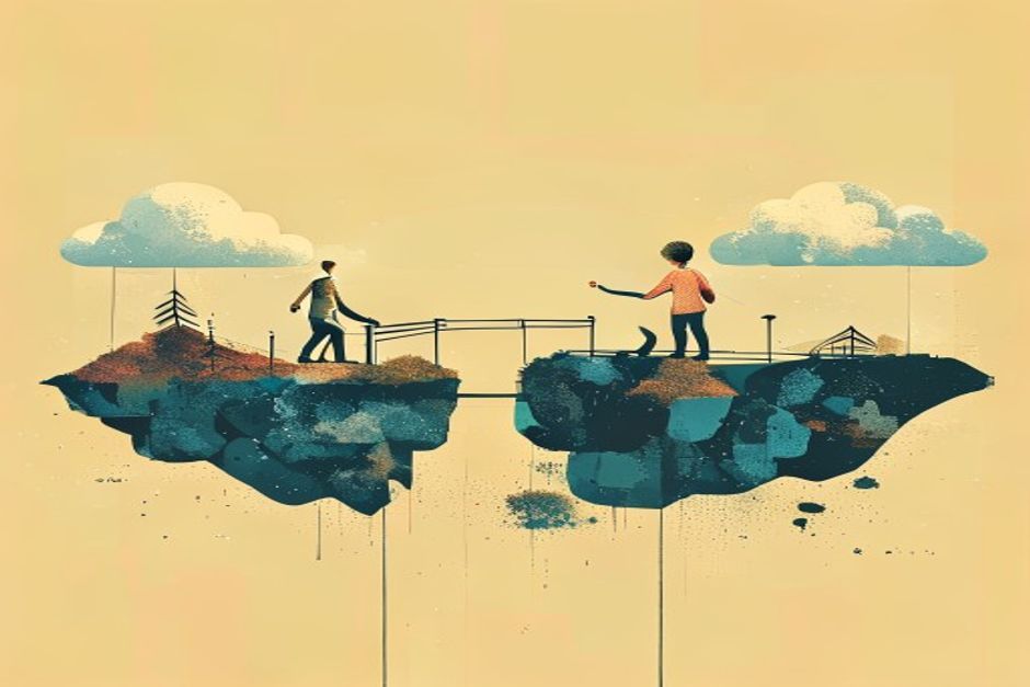 Two agent icons on different cloud islands shaking hands across a single standardized bridge, a solo builder watching from a smaller third island deciding whether to build a ramp