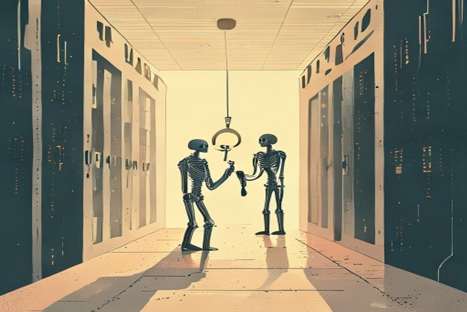 A single AI-agent figure at the center holding one giant skeleton key that opens every door in a cloud data-center wall behind it, while a second version of the agent holds a small glowing key that fits exactly one door and is already dissolving as it expires