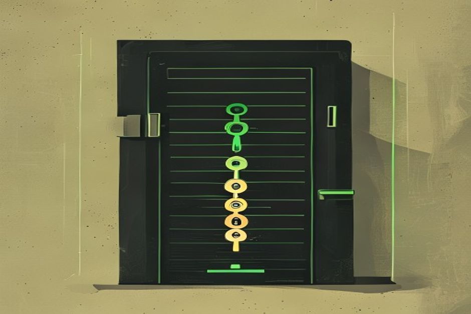 A dark ledger where a wide bundle of permission keys narrows through a small timed gate into a few short glowing tokens, thin green accent, monospaced tags