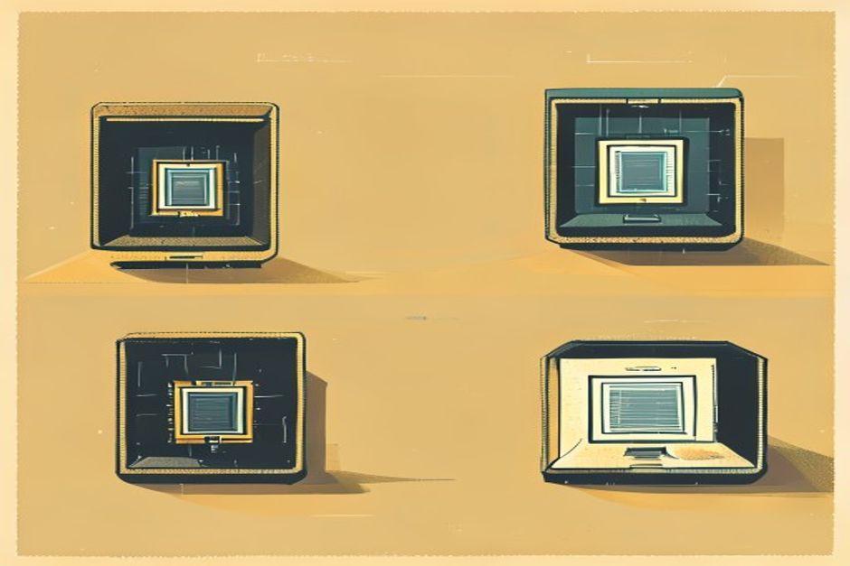 Four separate sealed enclosures at different scales — a chip, a server, an edge node, a laptop — each holding the same small running process behind its own hard wall