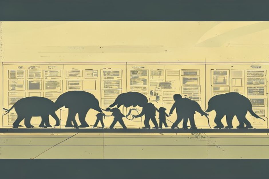 A row of Postgres elephant silhouettes being drawn into two corporate vaults, a queue of small robot hands provisioning fresh database cells