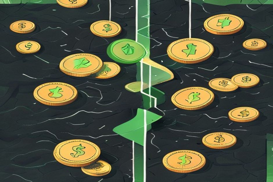 A stream of coins on dark paper forking into two channels, one channel labeled with a small shield glyph and one with a narrow gate, monospaced tags, thin green accent