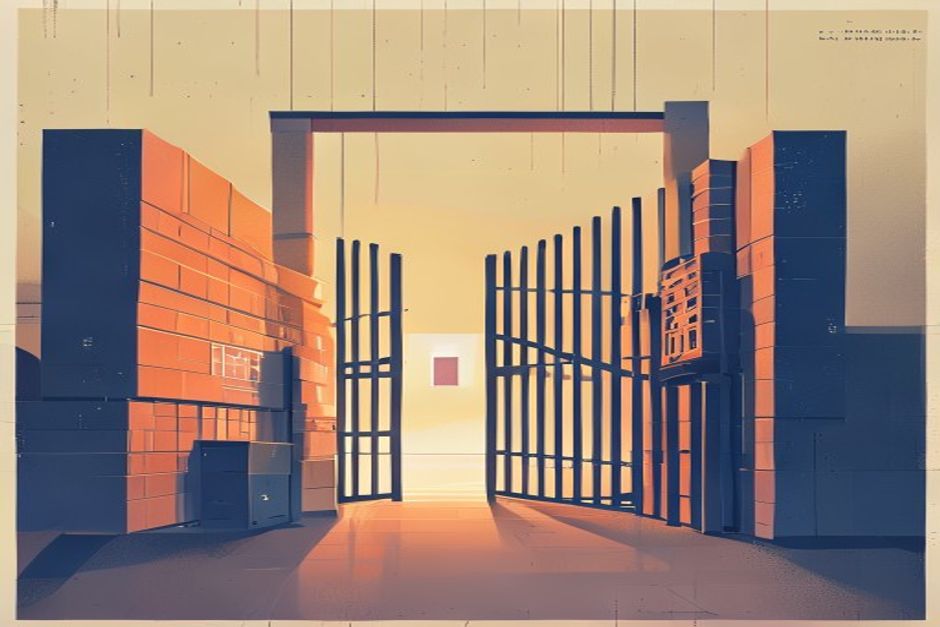 A locked gate standing in front of a glowing AI agent reaching toward stacked file boxes, a security checkpoint the agent must clear before the data, cold institutional light
