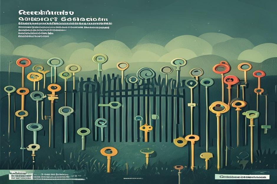 Many keys of different shapes converging on a single guarded gate in a dark field — each key scoped to exactly one lock, over-large keys turned away, a thin green seam marking the boundary, cool slate