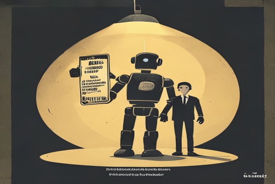 A robot silhouette holding up a badge that clearly reads a different name than the human standing behind it, spotlit against dark