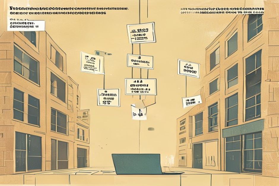 Two currents meeting: a thinning stack of price tags falling from above, and a rising grid of building facades whose doors turn into API sockets, converging on a single small figure at a laptop