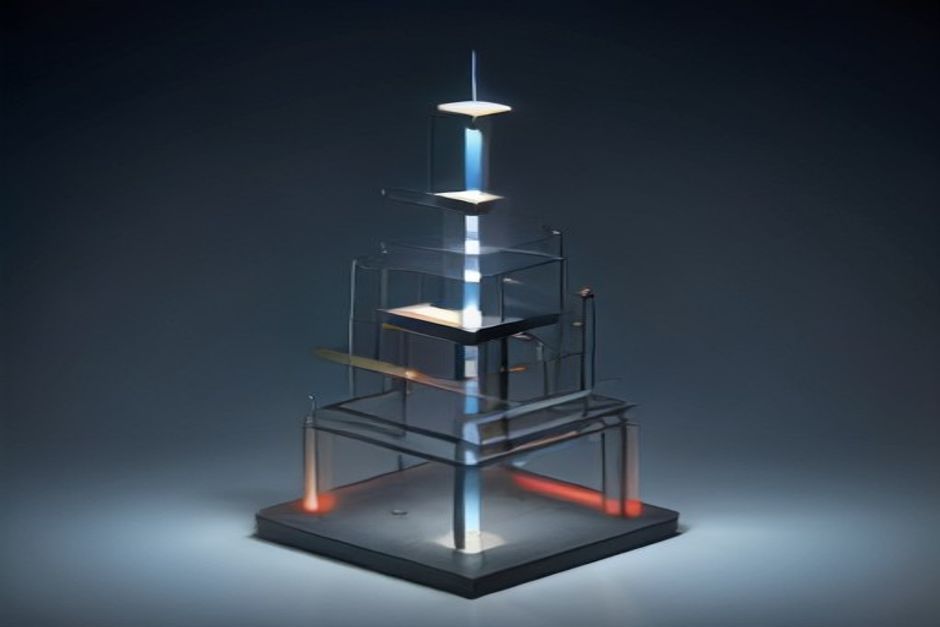 A vertical price ladder of nine glowing model nodes sorted into four bands from a tiny bright budget node at the bottom to two large frontier slabs at the top, a countdown marker reading August 31 hovering at the default band, cool steel with a single mint node at the cheapest rung