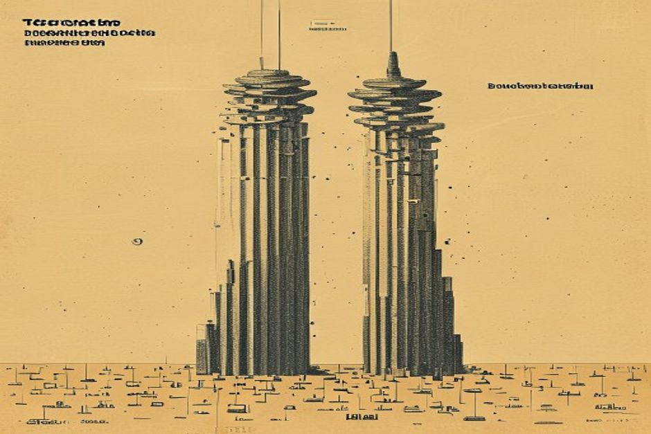 Two tall vertical columns rising from a wide flat plain of identical small agent-tokens — each column built of stacked layers labelled by tier, a heavy governance capstone crowning each one, while the horizontal ground of commodity agents stays low and undifferentiated