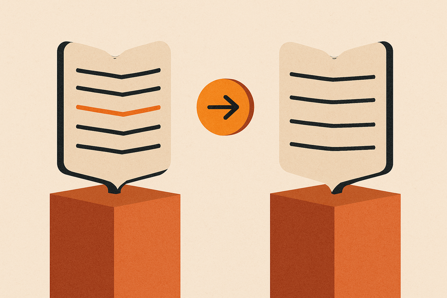Two ledgers on separate pedestals, a single action-token frozen mid-air in the gap between them, one ledger already updated and the other still blank