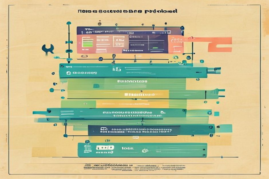 Four clean horizontal strata stacked like a network protocol diagram — the lowest labeled with a wrench/tool glyph, above it two agent nodes linked, above that a flowing event stream into a screen frame, and at the top a screen assembling itself from small declarative component blocks; thin connecting lines showing the layers compose upward, cool blues and greens on warm paper