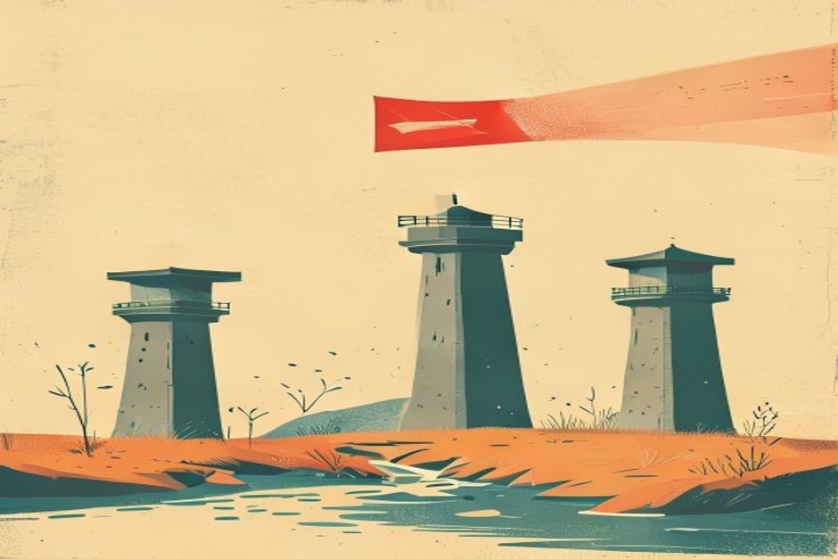 Three watchtowers over a single stream of agent tool-call packets, one tower's beam catching a red packet mid-flight and freezing it
