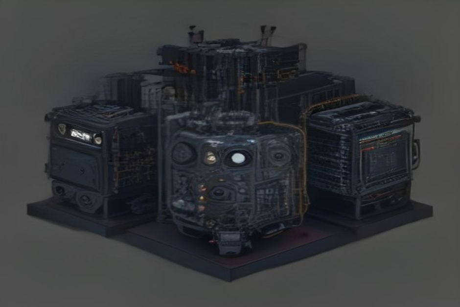 Three engines on one bench — a sealed block, an exposed gearbox of labeled cogs, and a switchboard of routed cables — lit by a single cold overhead light