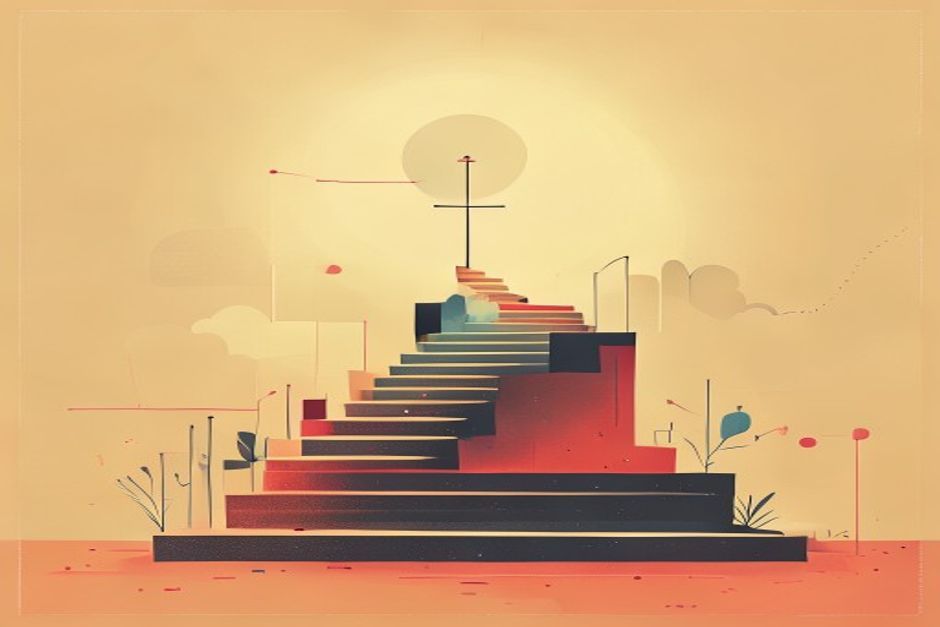 A three-step staircase of practices rising toward a distant enterprise platform, the lower steps lit and the upper ones dim