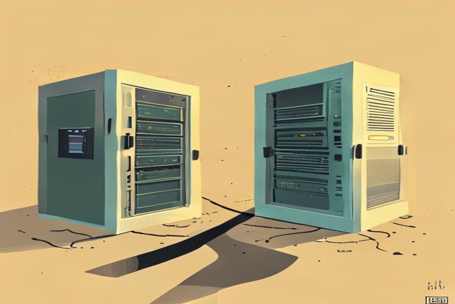 A single path forking into two labeled doors — one a plugged-in server rack, one an open instruction folder — a decision point rendered as a hard dividing line