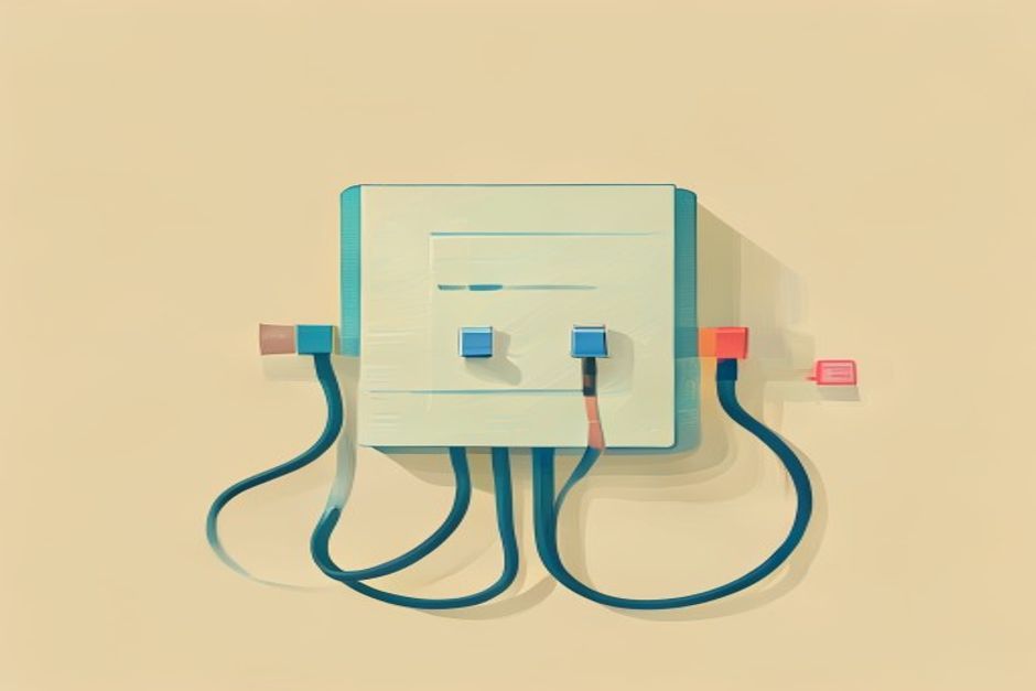 One folder icon in the center with three cables running out to three differently-shaped sockets, one cable cleanly plugged, one blocked by a small barrier, one half-connected