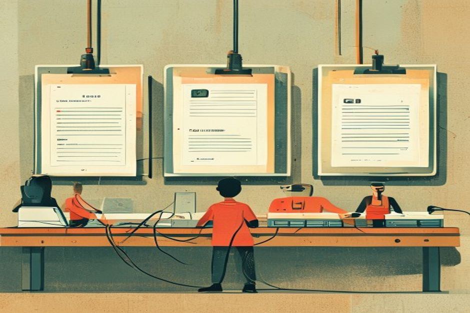 Three labeled panels on a workbench — a folder of instruction cards marked HOW, a set of cables plugging into external systems marked ACCESS, and a row of separate worker figures marked WHO — all feeding one central agent