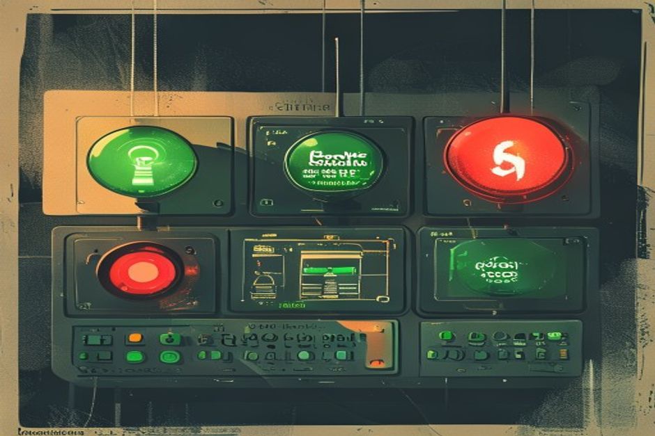 Six signal lights on a dark control panel, one blinking green