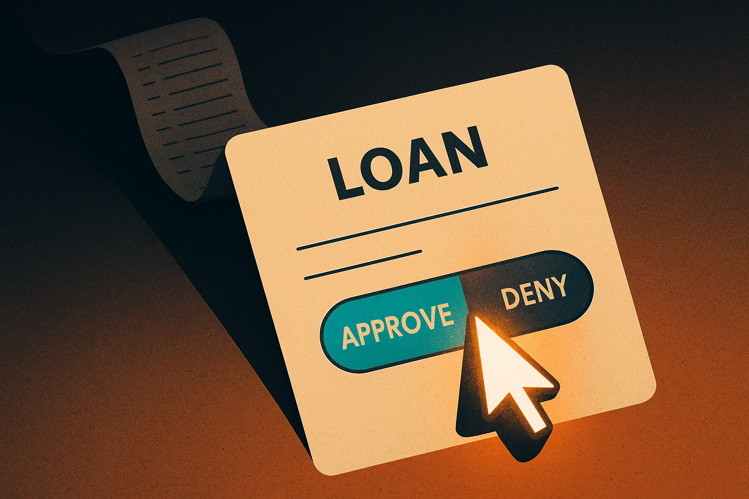 A single glowing cursor hovering over an APPROVE / DENY toggle on a bank loan file, a faint audit-log ledger unspooling behind it into the dark
