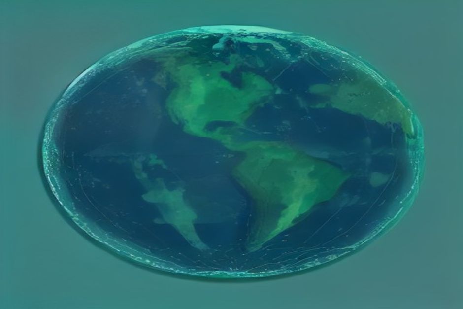 A world map at night with many small green deal-markers scattered across Europe and the Middle East, but a single thick money-river still flowing toward one bright US node, cool slate with mint accents