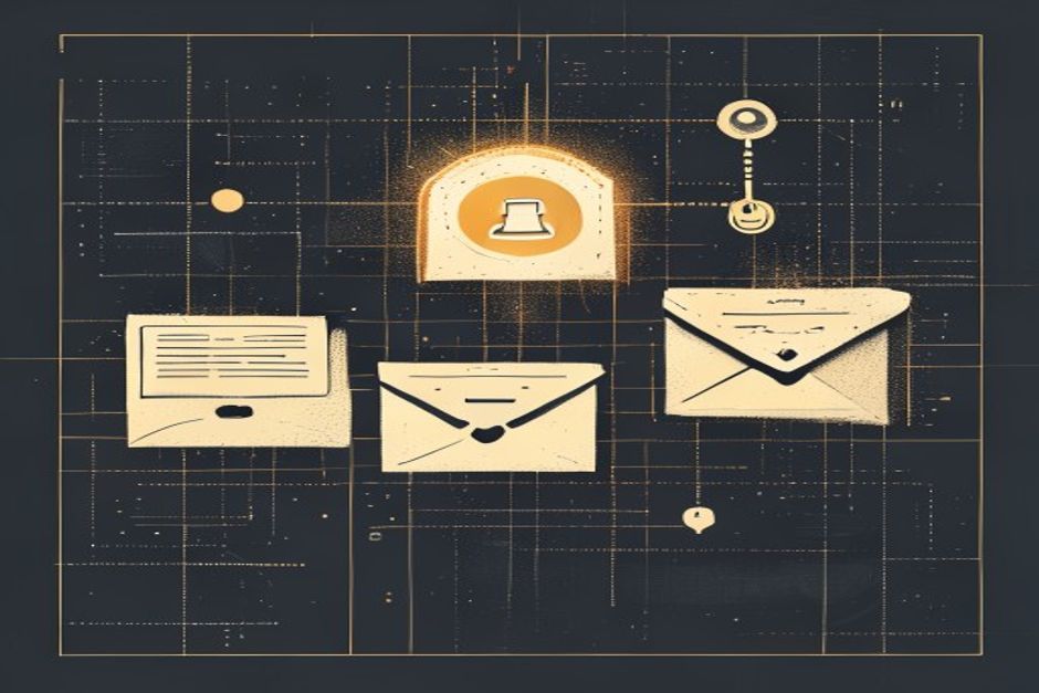Three shielded inboxes of different sizes on a dark grid — one small and open with visible code-rules, one large and sealed, one newly lit with an agent icon orbiting it — a single key glowing brighter than all three