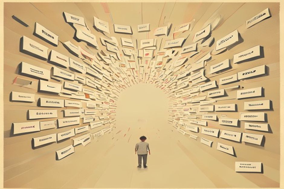 A single small inbox at the center, dozens of tailored lure-envelopes fanning in toward it from every direction, each addressed by name, one defending agent-shield forming a ring just inside the doors