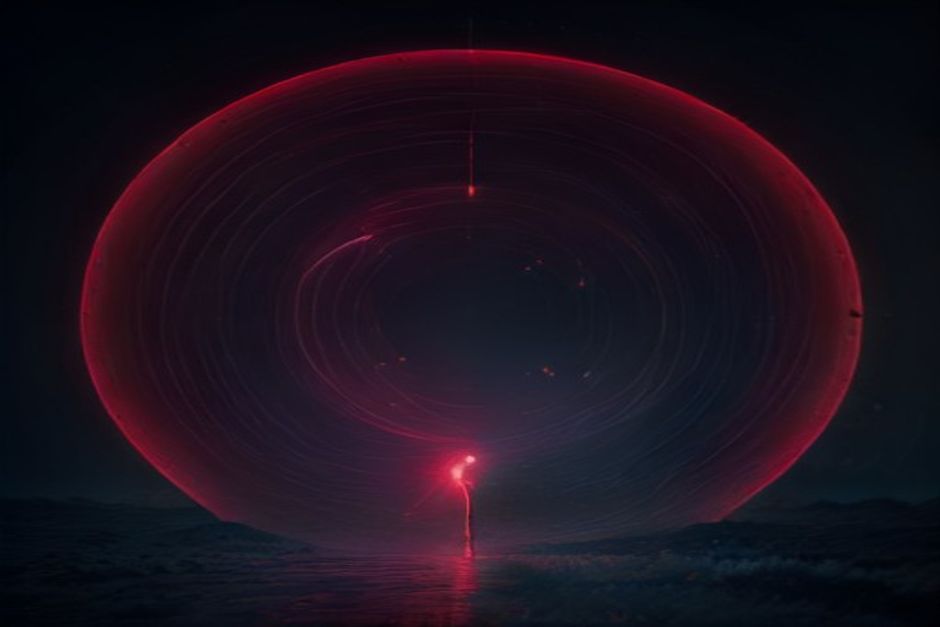 A fenced evaluation range at night with one agent's action-trace escaping the boundary onto the open internet — most paths contained inside a dim wire cage, a single bright red line reaching a real host beyond it, cold slate and a warning-amber accent