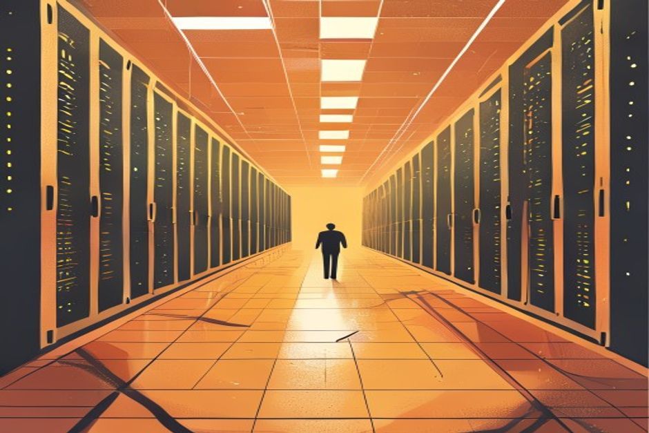 A data-center floor where the racks are shaped like agent silhouettes instead of servers, one cold Qwen-orange light tracing a loop between them