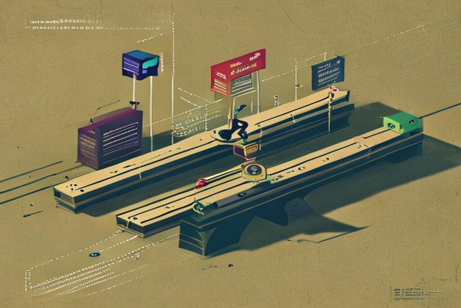 An API endpoint rendered as a set of financial rails, a small agent icon placing an order token onto a track that runs into a regulated gate